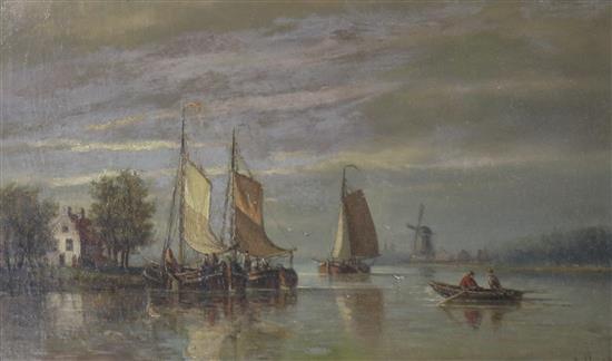 Hendrick Hulk (1842-1937), oil on canvas, sail barges on a canal, signed and dated 1887, 31 x 46cm, unframed